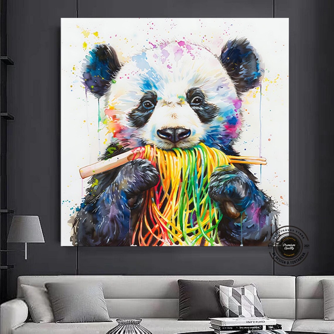 Cute Panda Eating Rainbow Noodles Watercolor Playful Art Poster