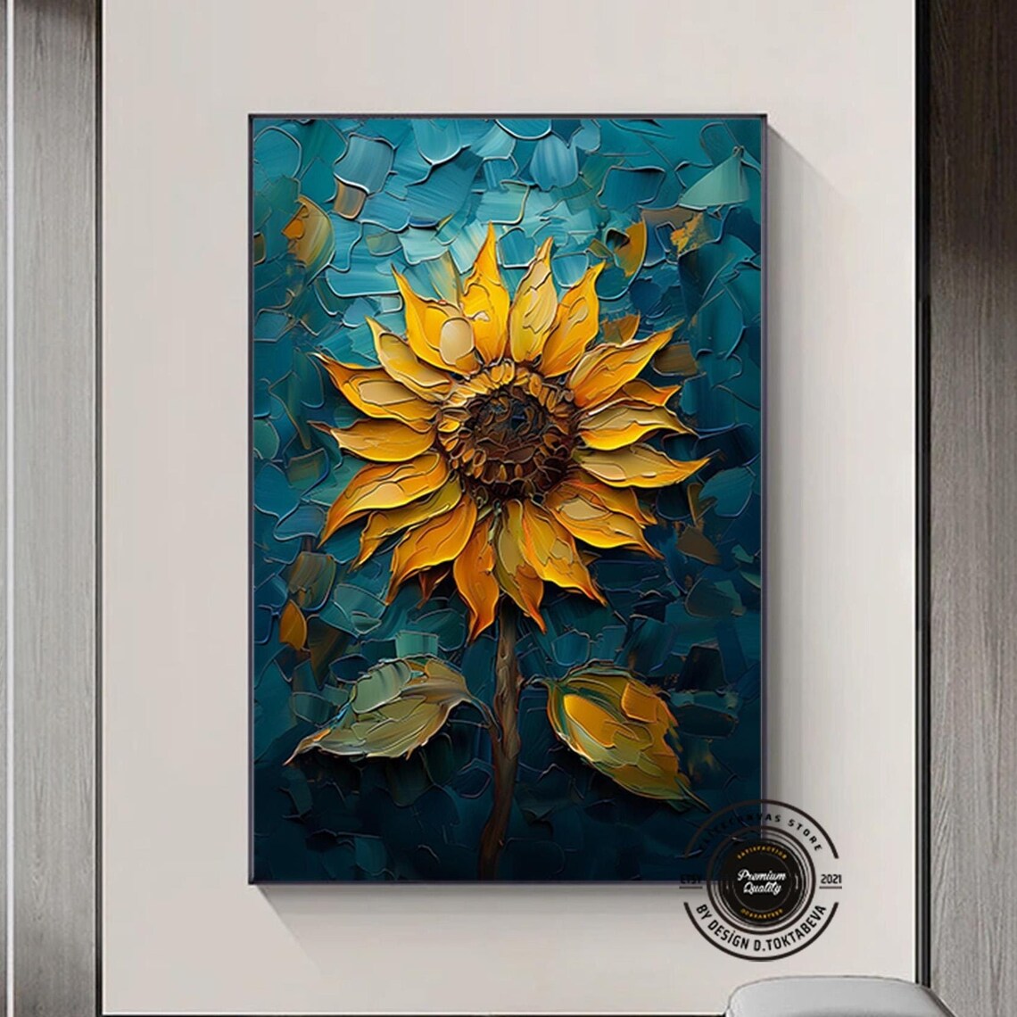 Sunflower Impasto Painting Golden Bloom Teal Background Poster