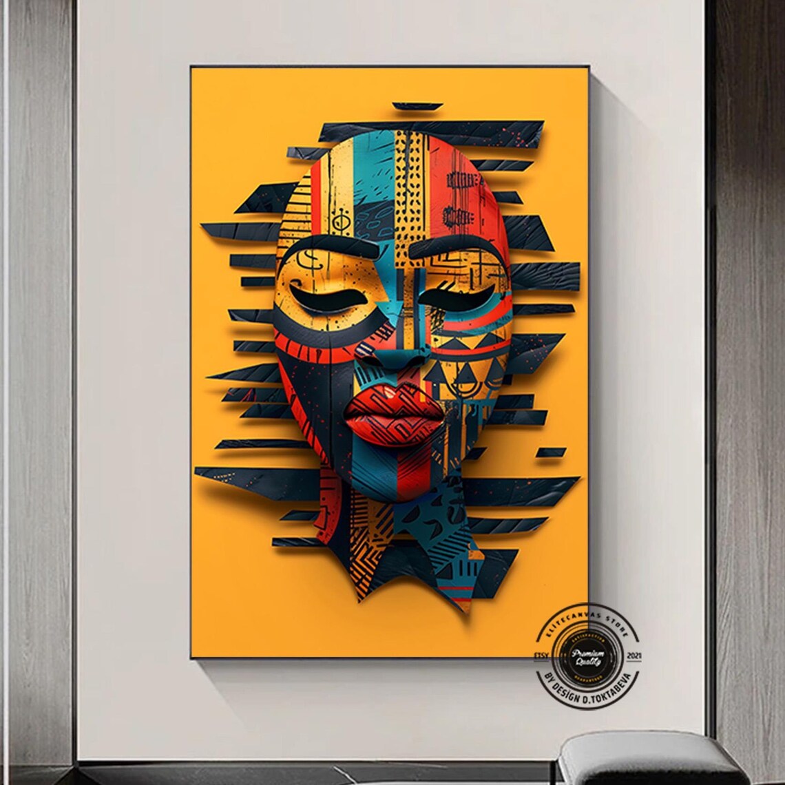 African Tribal Woman Face Vibrant Orange 3D Paper Cut Art Poster