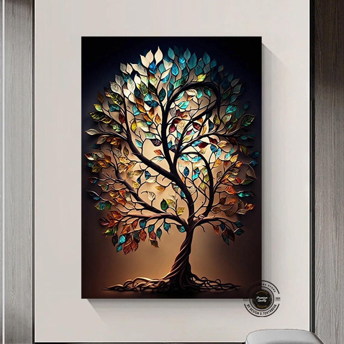 Tree of Life Stained Glass Leaves Dark Dramatic Nature Poster