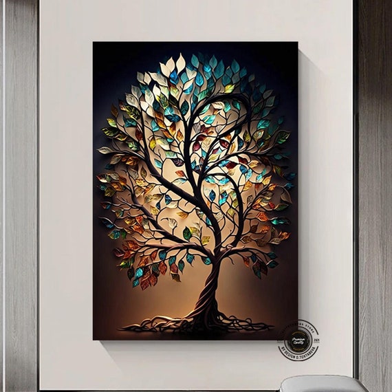 Colorful Tree Canvas Wall Art Trees In Stained Glass Style Decor Print Extra Large Modern Printing