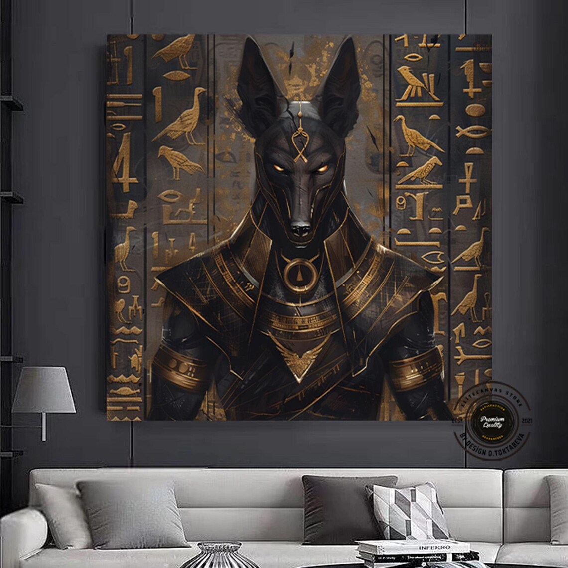Egyptian God Anubis Golden Hieroglyphs Ancient Myth Art Poster