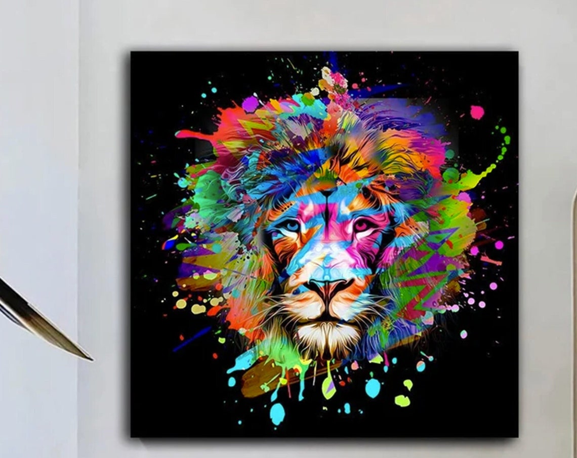 Colorful Lion Head Graffiti Paint Splatter On Black Art Poster