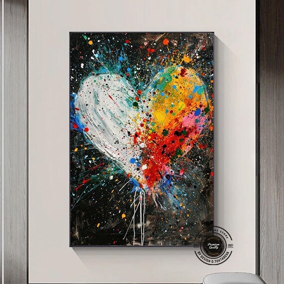 Bold Colorful Abstract Heart Splash Art on Black Canvas Poster