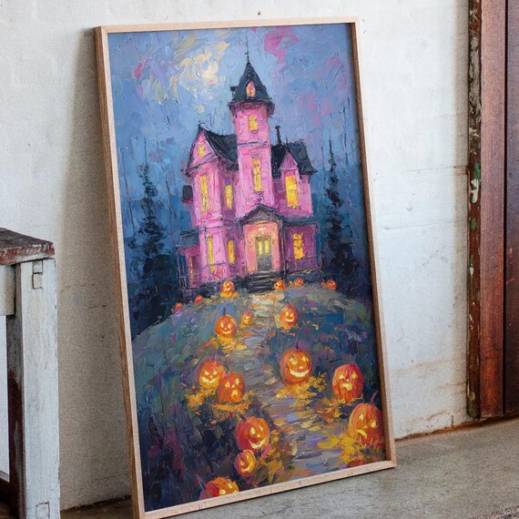 Haunted Pink Victorian Mansion Jack O Lanterns Halloween Poster