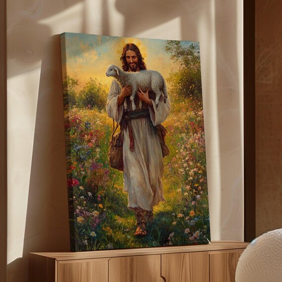 Jesus Carrying Sheep Over Shoulder Sunset Wildflower Field Art Print