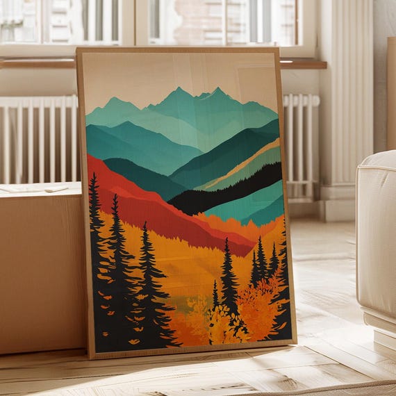 Autumn Mountain Landscape Canvas Wall Art Bold Minimalist Fall Nature Print Abstract Forest Hills Artwork For Rustic Modern Decor