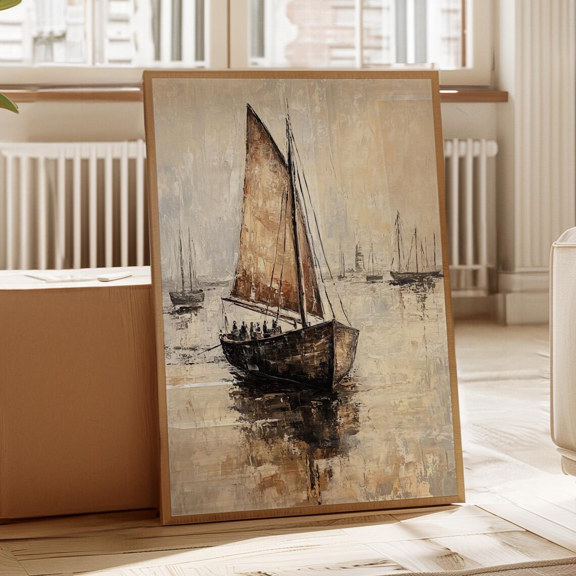 Vintage Sailboat Art Print, Sepia Harbor Scene