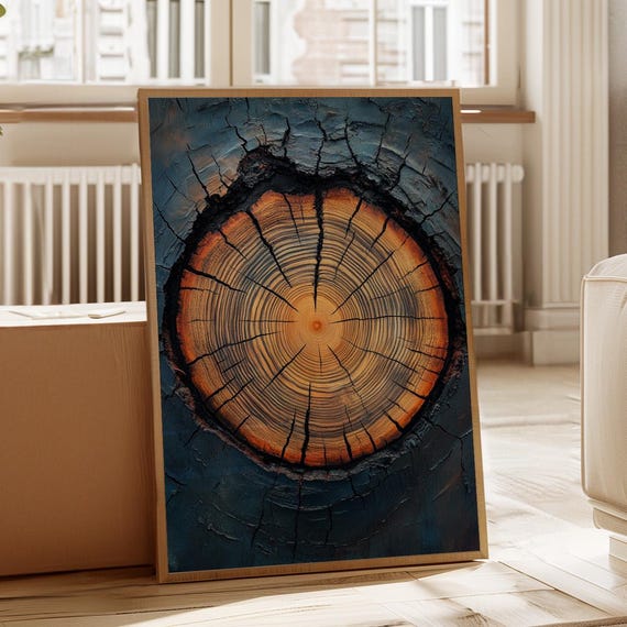 Tree Ring Canvas Wall Art Dark Blue And Orange Wood Texture Print Rustic Natural Growth Poster For Nature Cabin Or Office Decor