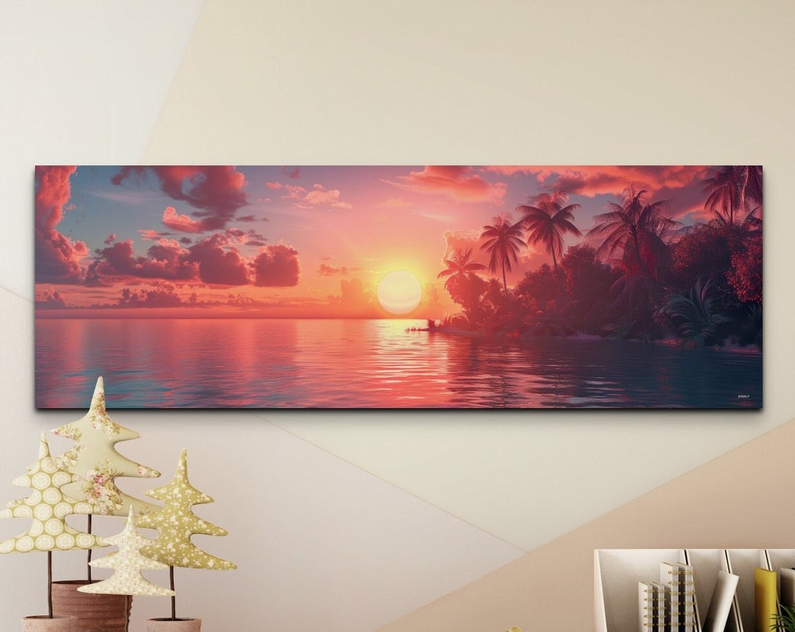 Tropical Sunset Palm Trees Ocean Panoramic Pink Sky Glow Poster