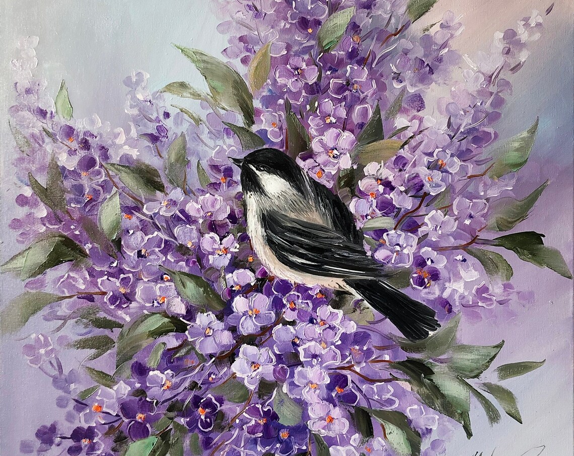 Bird in Tree, Purple Flowers Oil Painting Art Print - Image 3