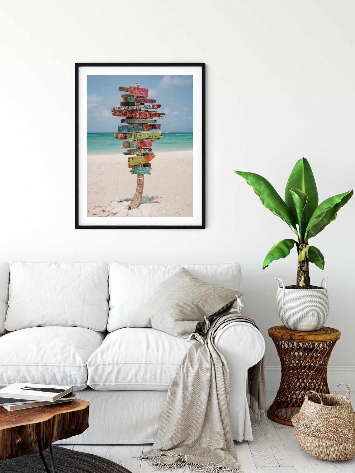 Colorful Aruba Kitesurfing Signpost on White Sand Beach Photo Poster - Image 2