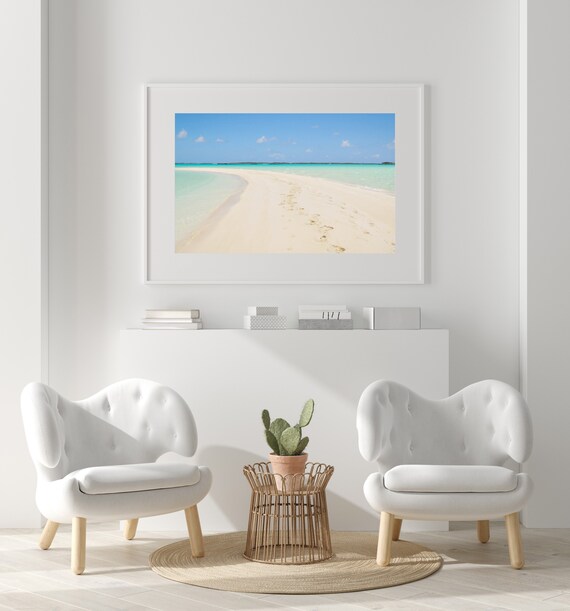 Empty Sandy Shoreline Curving to Turquoise Sea Footprints Poster