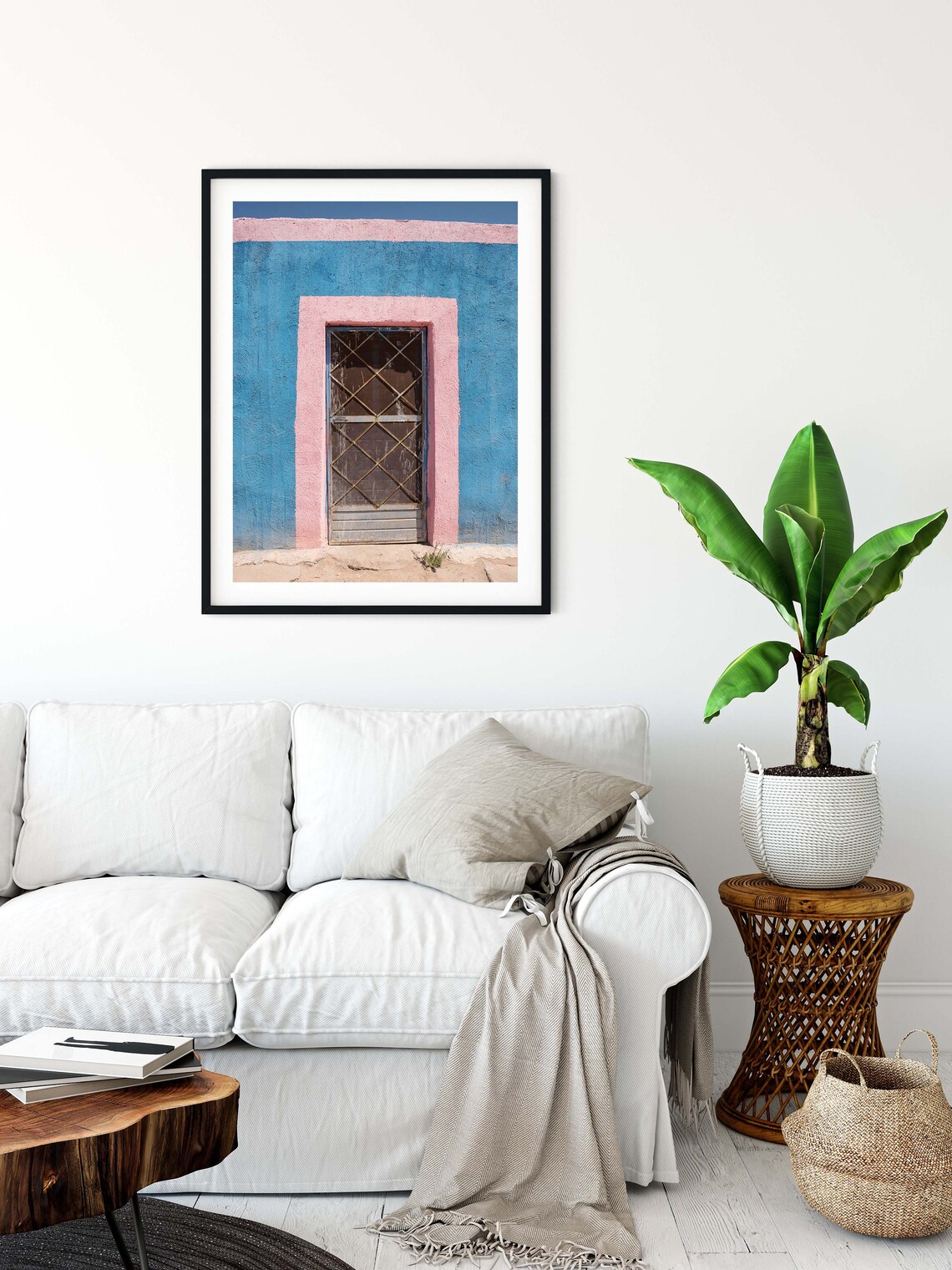 Colorful Blue Adobe Wall Pink Trim Door Desert Photography Poster - Image 2