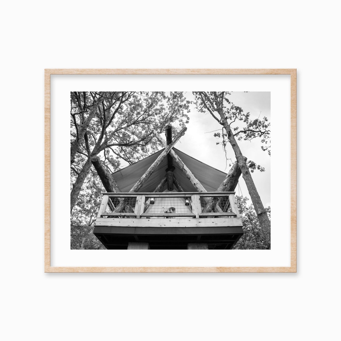 Black and White Glamping Tent Platform in Tall Forest Trees Poster