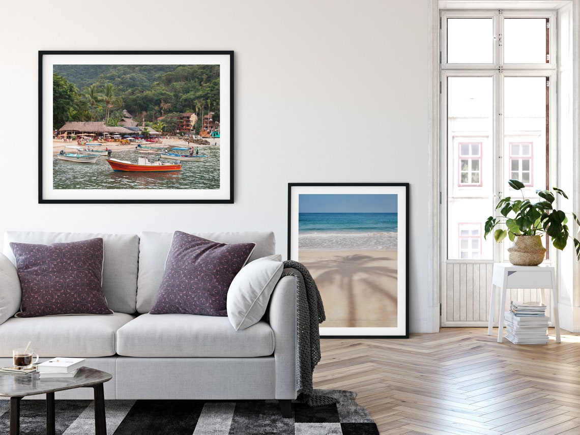 Palm Tree Shadow White Sand Turquoise Ocean Beach Serene Photo Poster - Image 2