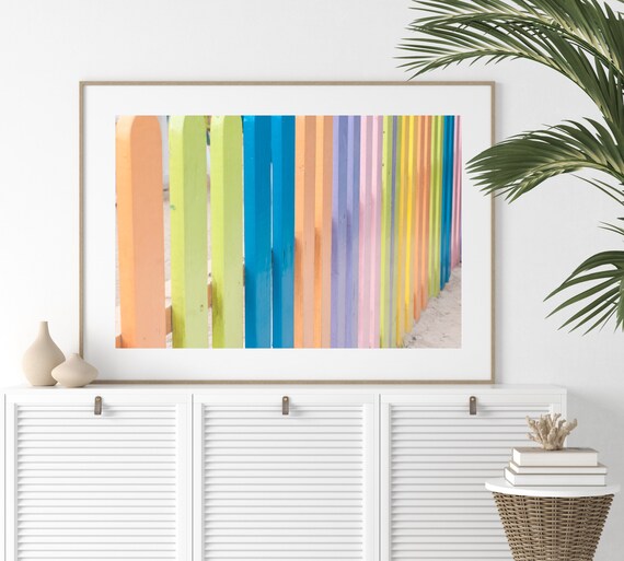 Close Up of Rainbow Painted Wooden Planks Colorful Fence Poster