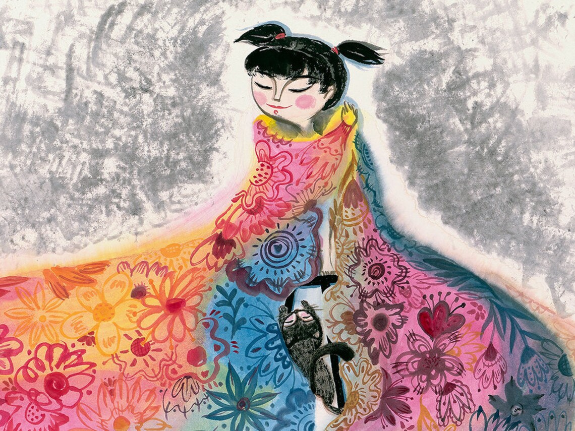 Chinese Ink Flowers and Girls Kids Room Art Print - Image 4