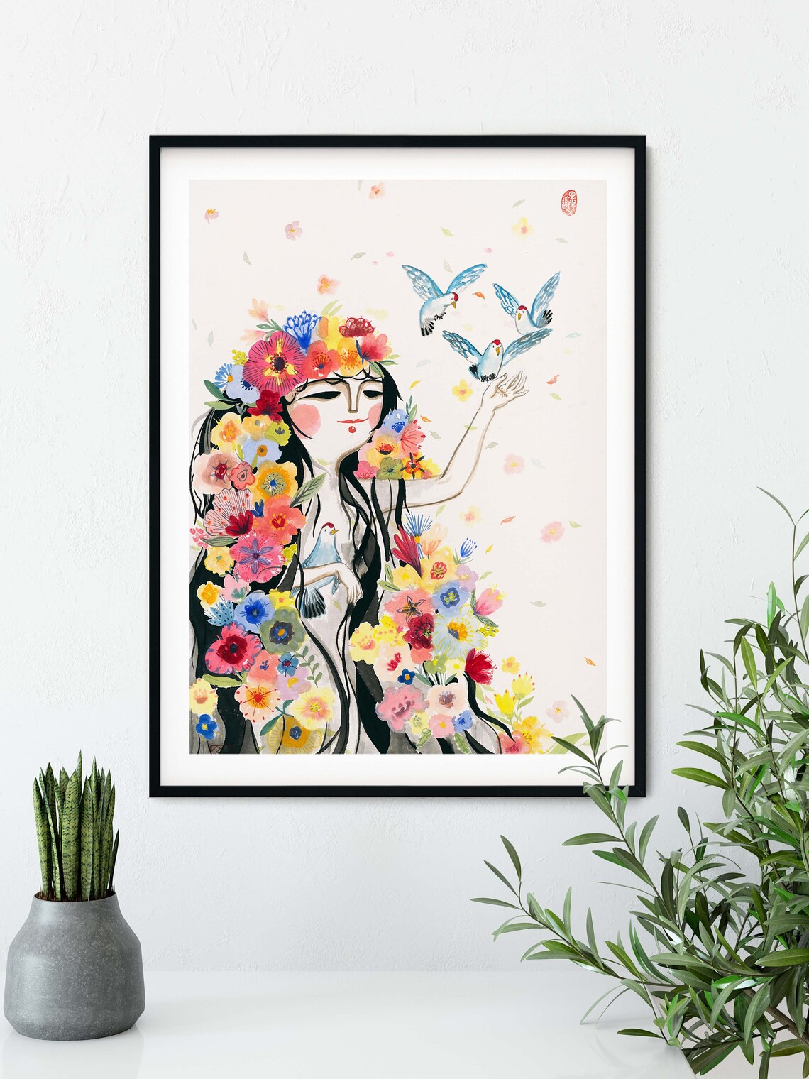 Flowers Girl Art Print, Chinese Painting Decor - Image 4