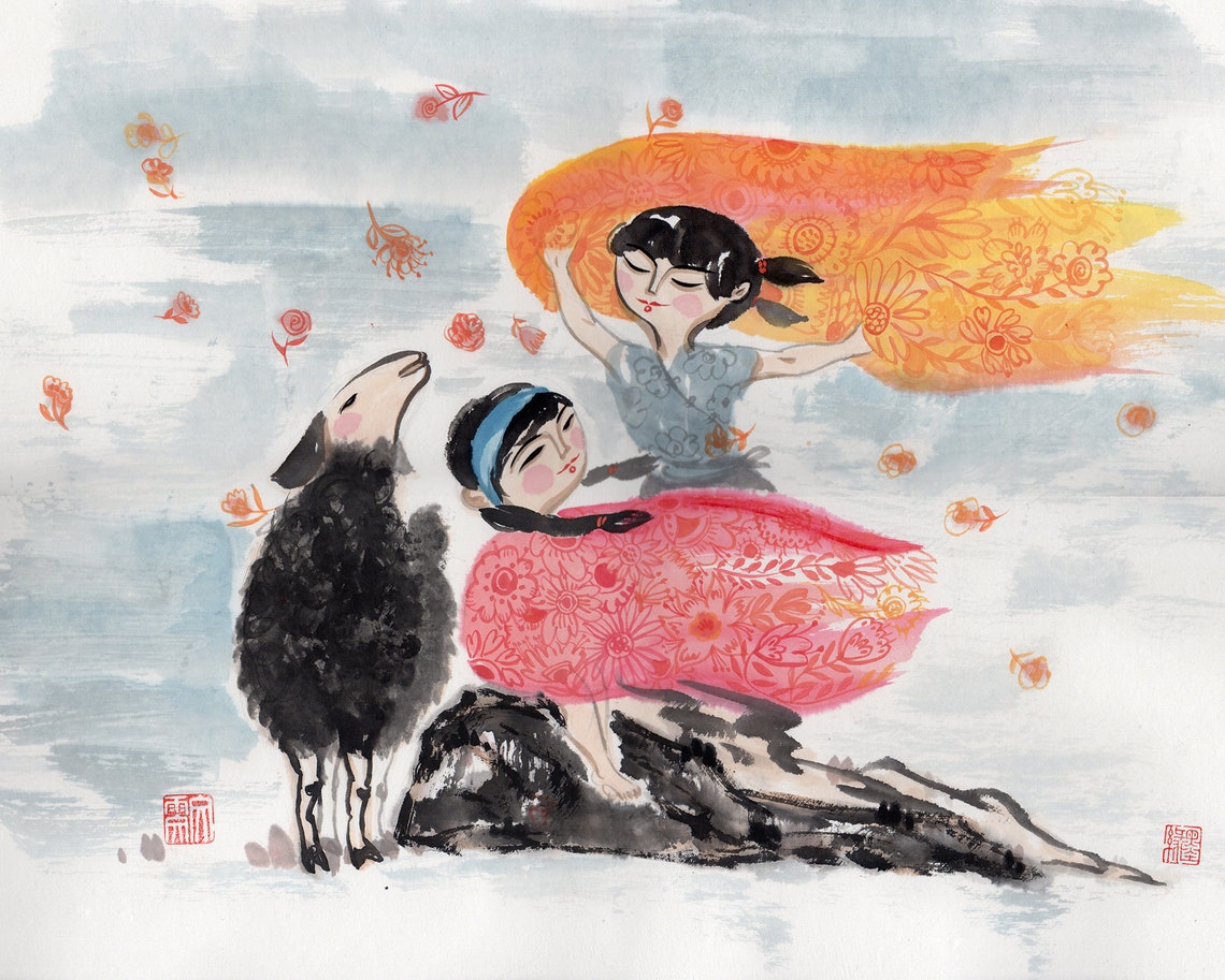 Art Print Flowers Girls Print Painting Chinese Ink Painting Print Kids Room Wall Decor Positive Art Wall Art Print Art Flowers Kids