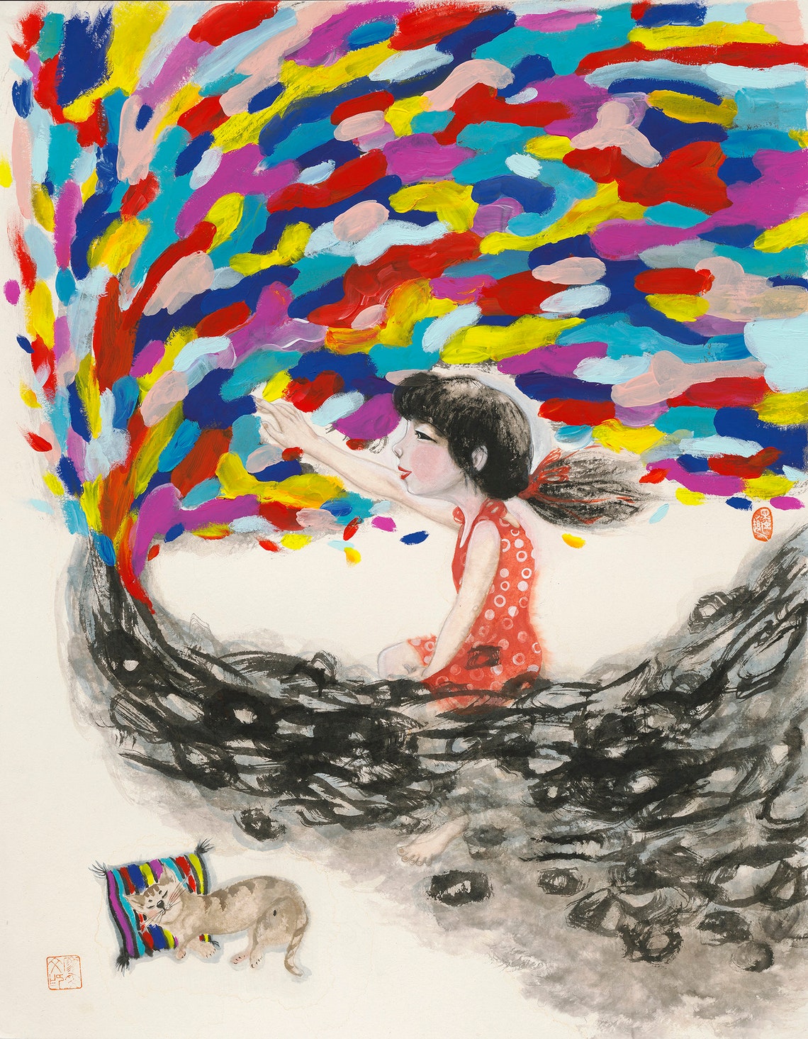 Art Print Girl And Colorful World Print Chinese Ink Painting Print Happy Child And Cat Kid Room Wall Decor Nursery Room Decor Wall Art - Image 4