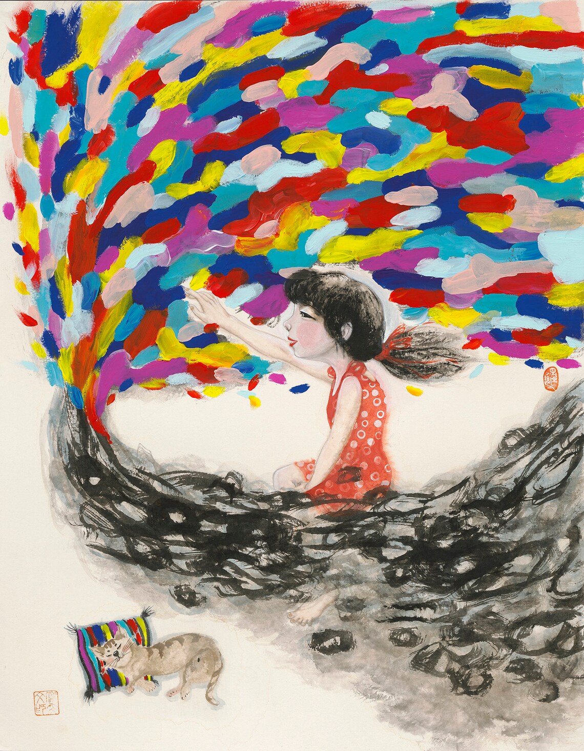 Girl Releasing Rainbow Waves Colorful Ink Art Imagination Poster - Image 4