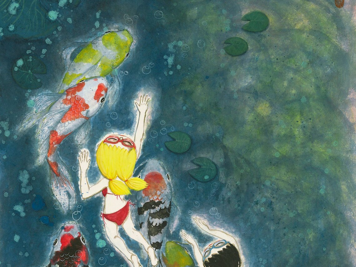 Girl, Boy and Koi Fish Chinese Ink Art Print - Image 2
