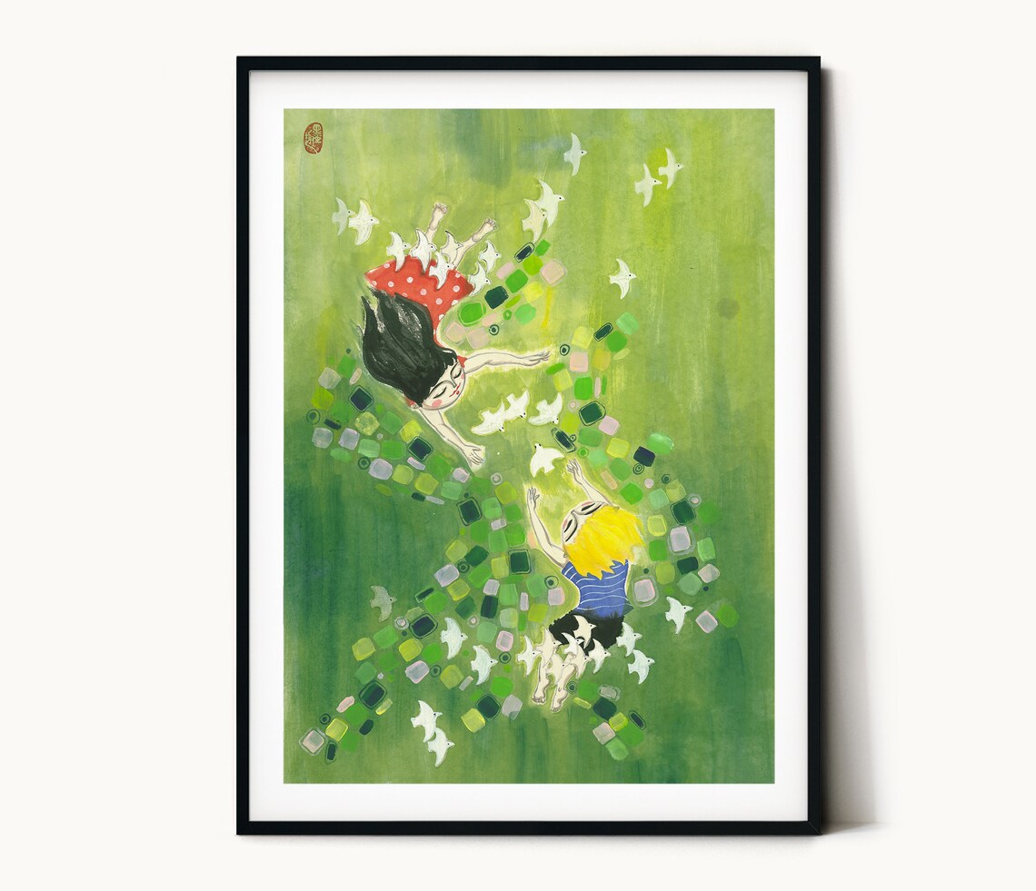 Kids In Spring Chinese Painting Wall Art Print