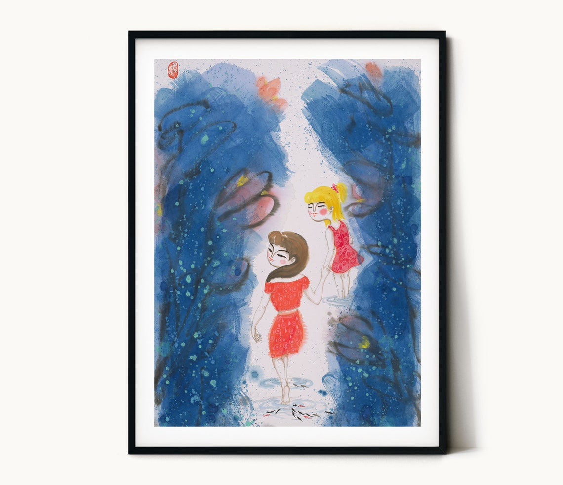 Mom And Daughter Art Print Mom And Kid Painting Print Painting Print Chinese Painting Print Home Wall Decor Kids Room Art Wall Art - Image 2