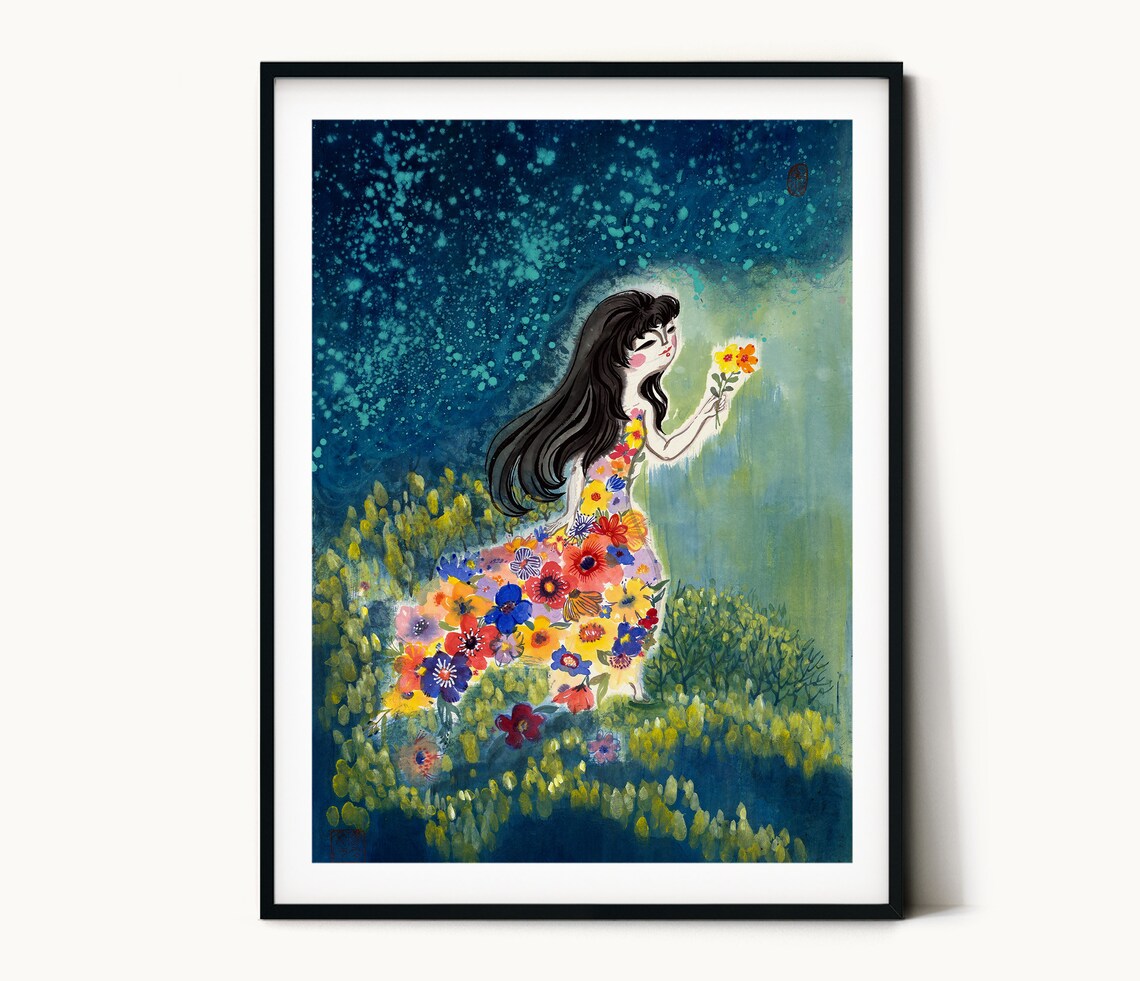 Girl In Floral Dress Holding Blossoms Night Garden Dreamy Poster - Image 3