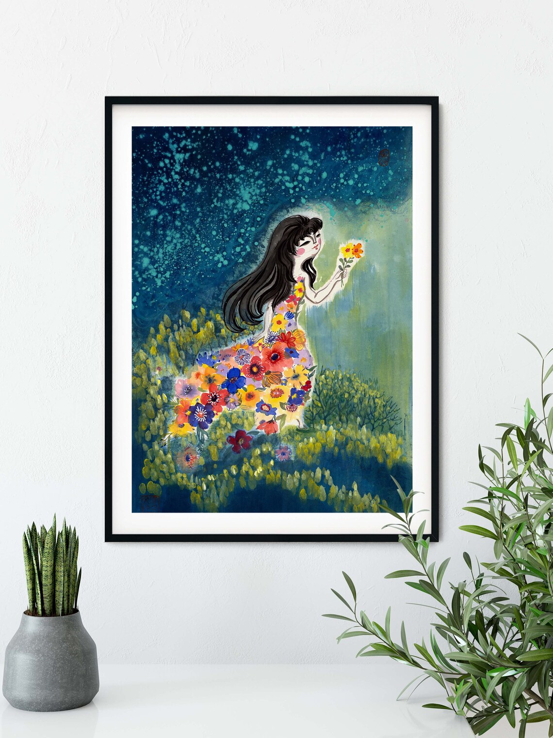 Girl In Floral Dress Holding Blossoms Night Garden Dreamy Poster - Image 2