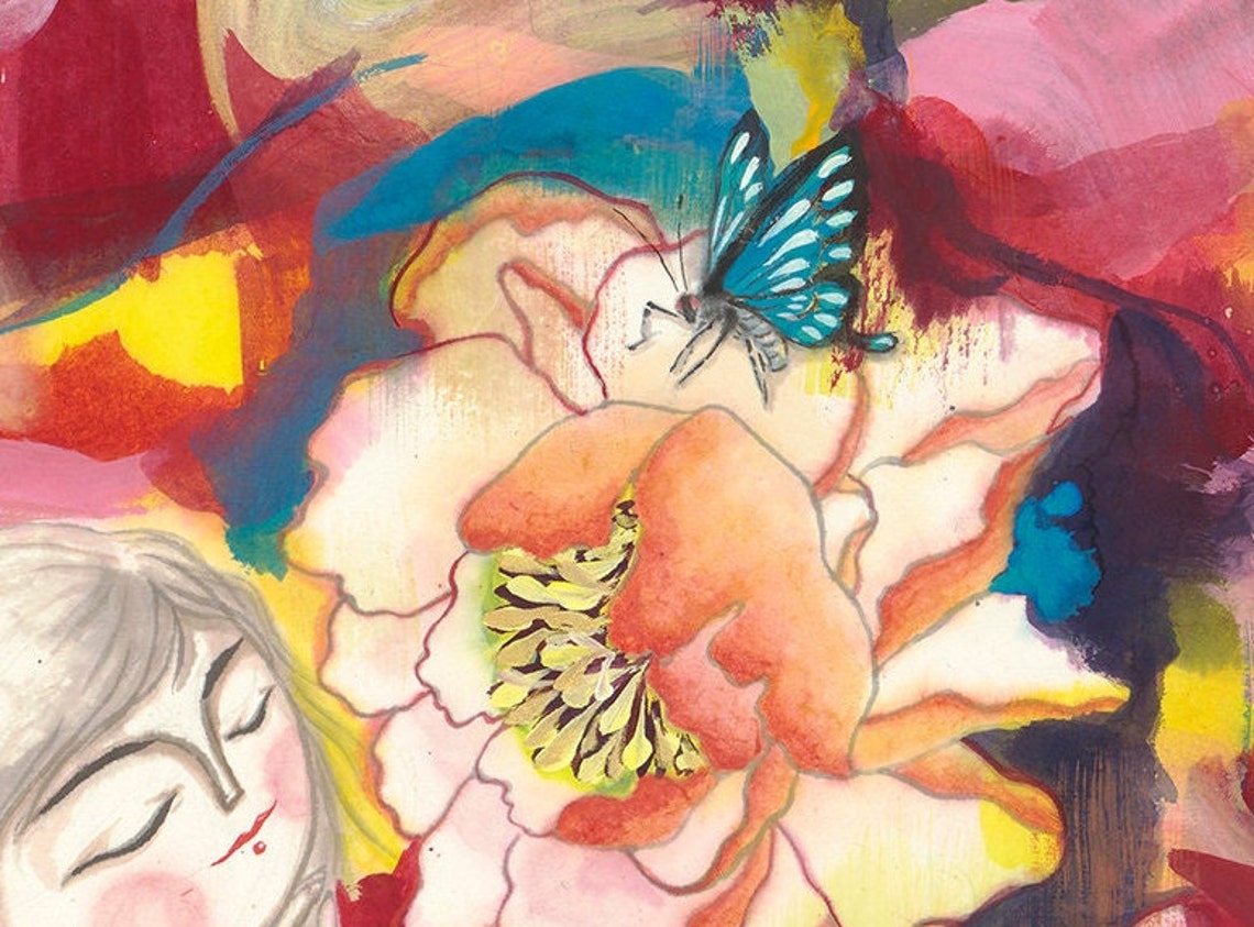 Sleeping Girl Among Giant Peonies Butterfly Art Garden Poster - Image 2
