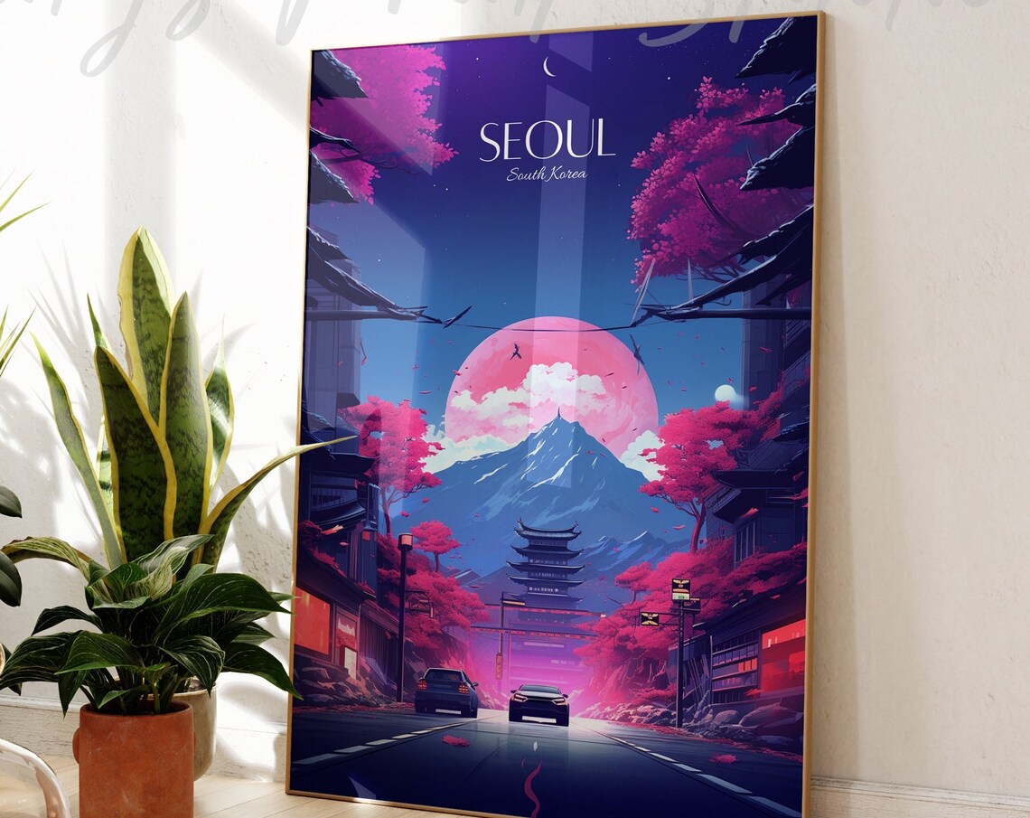 Seoul South Korea Travel Print Neon Night City Mountain Pagoda Cherry Art