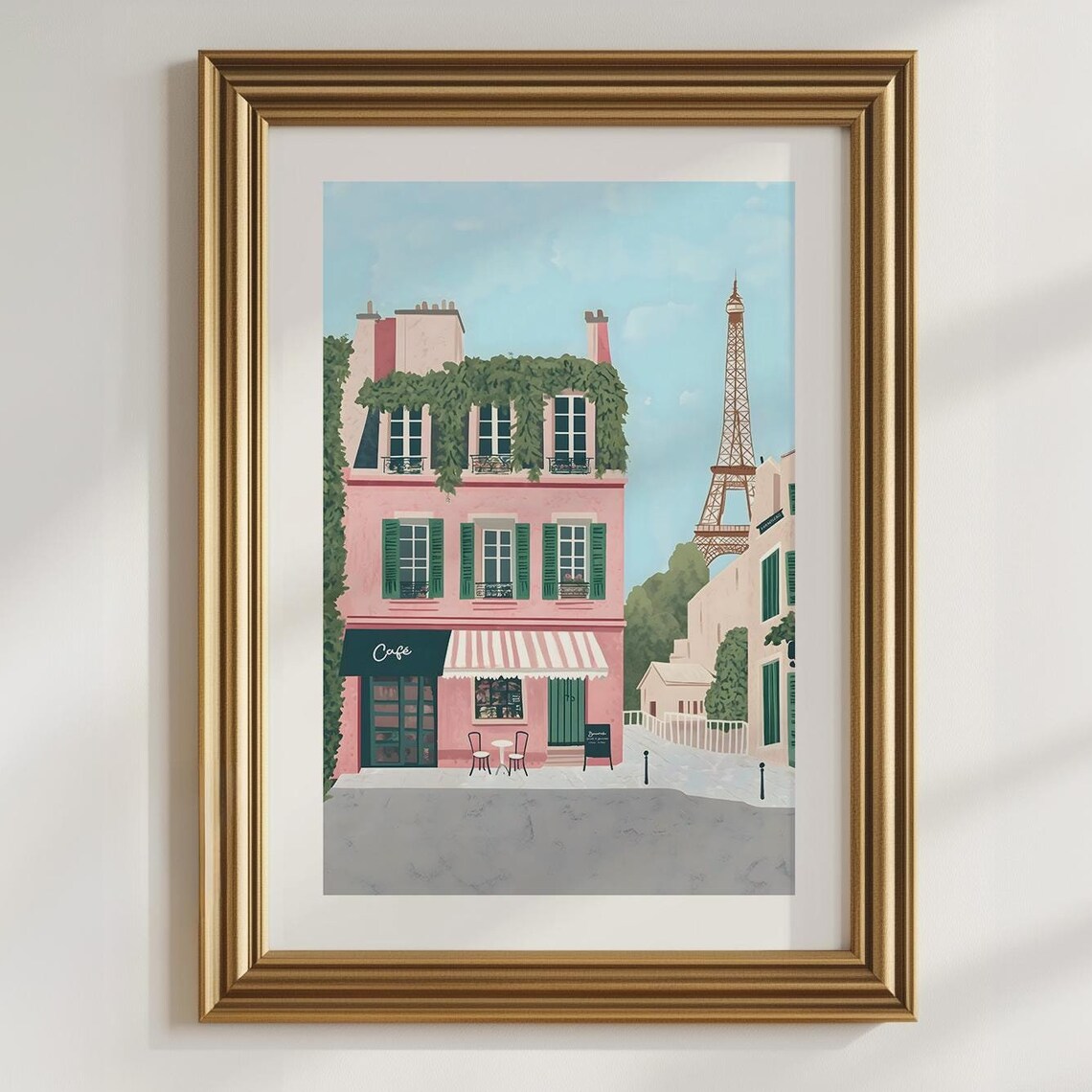 Pink Paris Cafe Eiffel Tower Green Shutters Street Travel Wall Art - Image 3