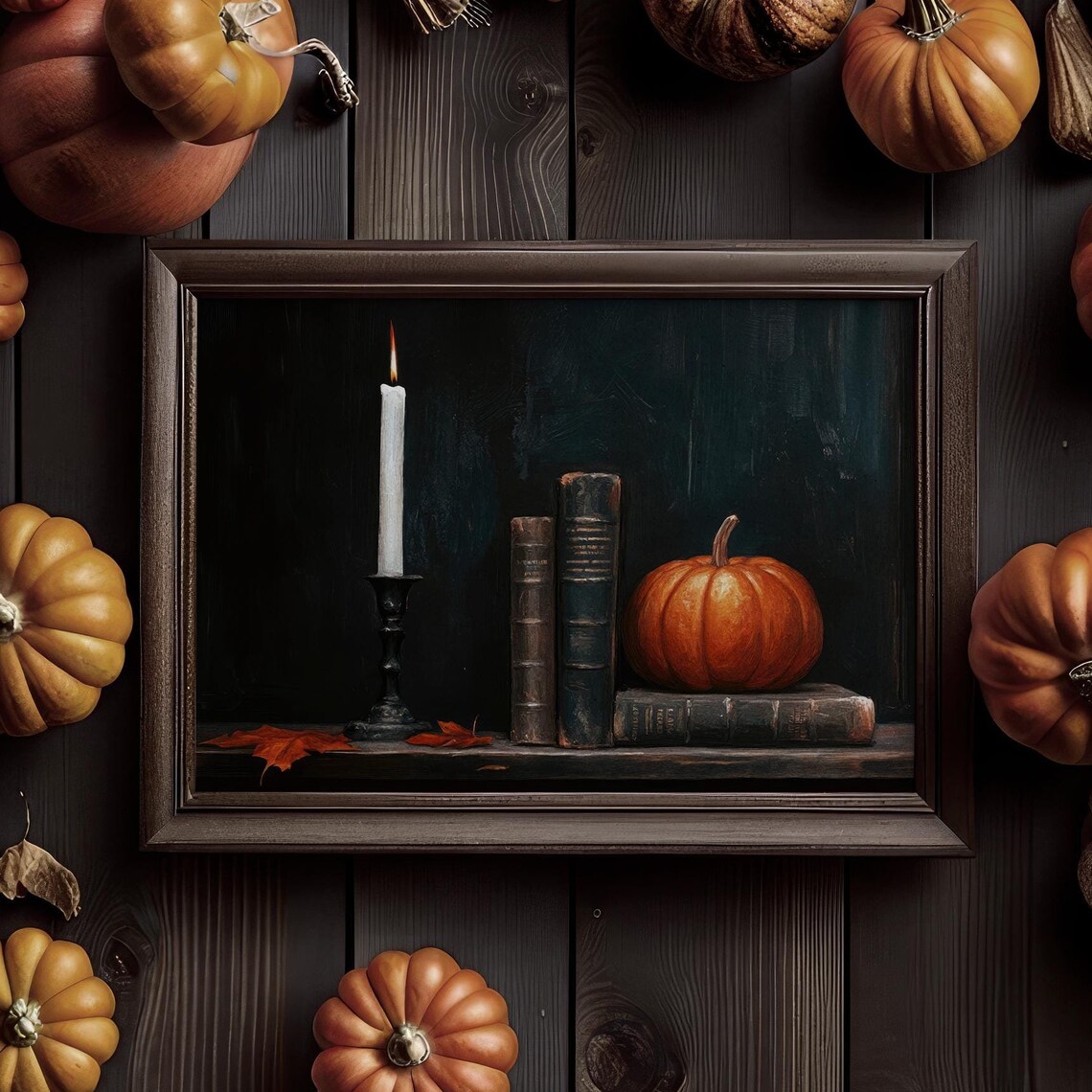 Moody Halloween Candle Books Pumpkin Vintage Still Life Poster - Image 2