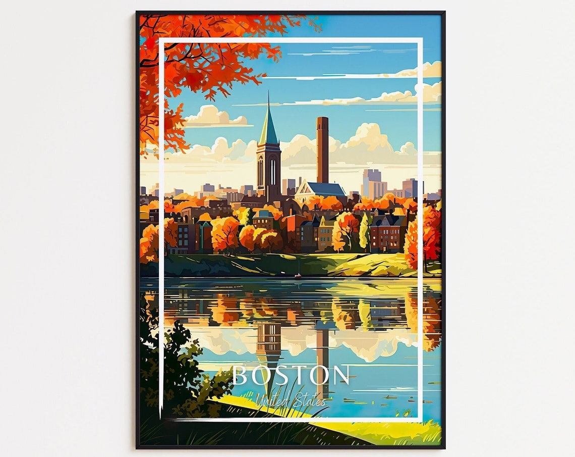 Boston United States Autumn Skyline River Fall Colors Travel Poster