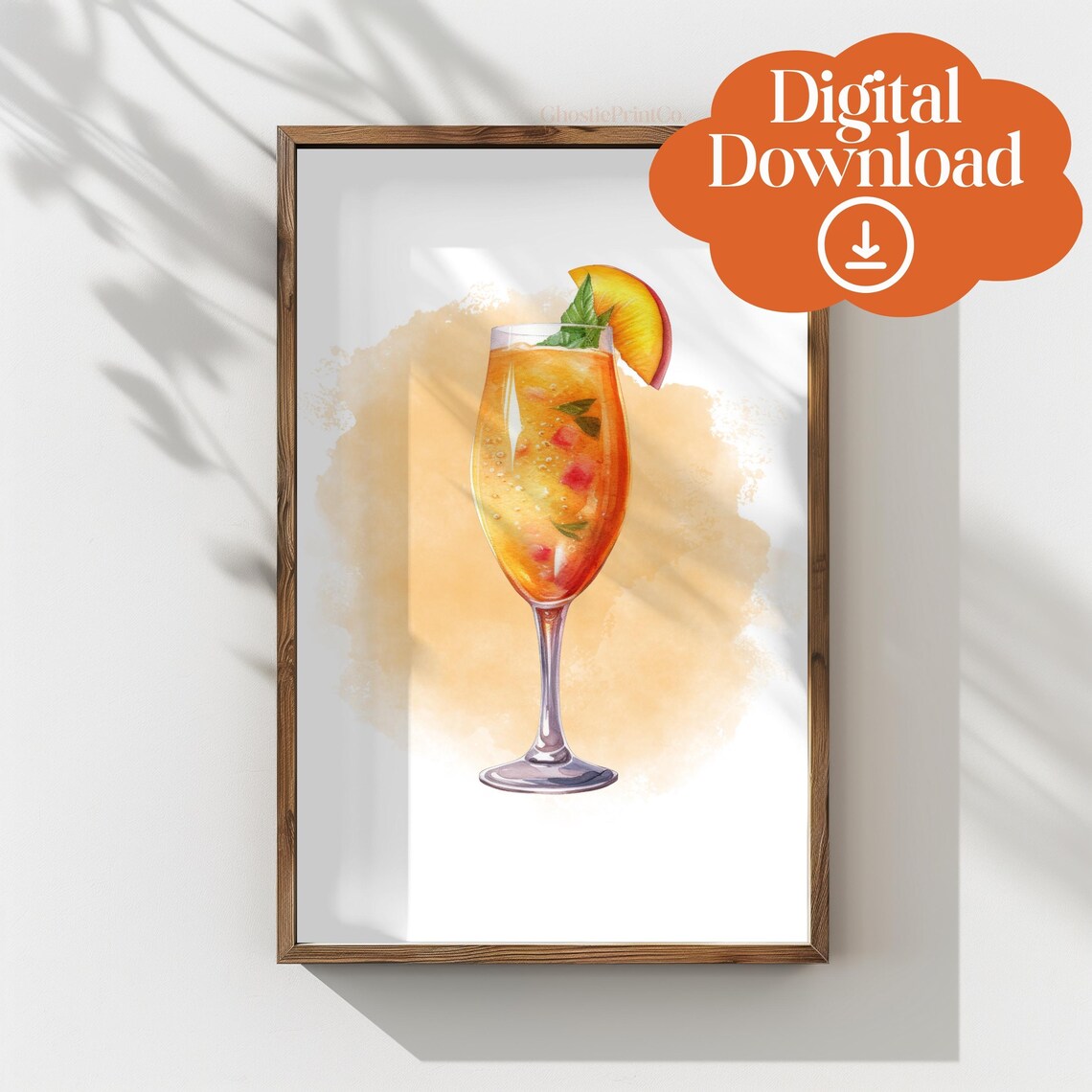 Bellini Cocktail Watercolor Peach Brunch Bar Cart Decor Illustration Poster