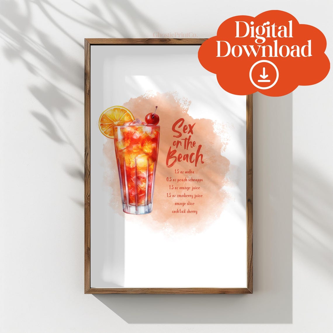 Sex on the Beach Cocktail Recipe Watercolor Kitchen Bar Wall Poster