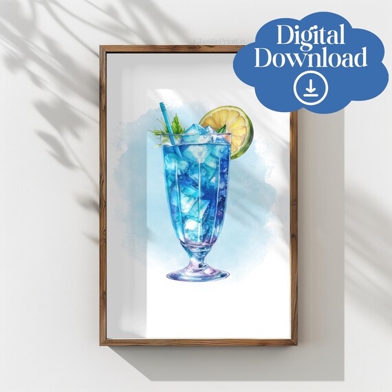 Blue Lagoon Cocktail Watercolor Tropical Drink Bar Art Home Poster
