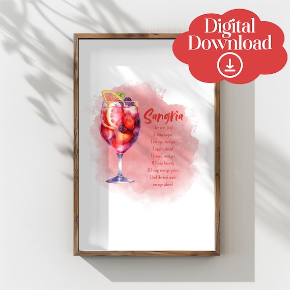Sangria Cocktail Recipe Watercolor Home Bar Kitchen Decor Wall Art