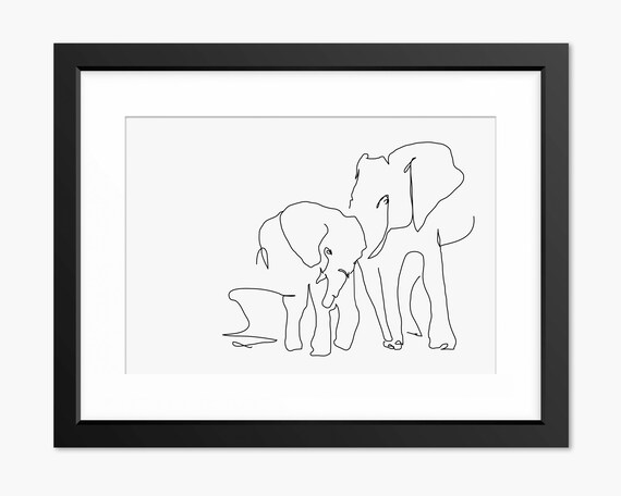 Mother Elephant and Her Calf in Gentle Line Art Animal Poster