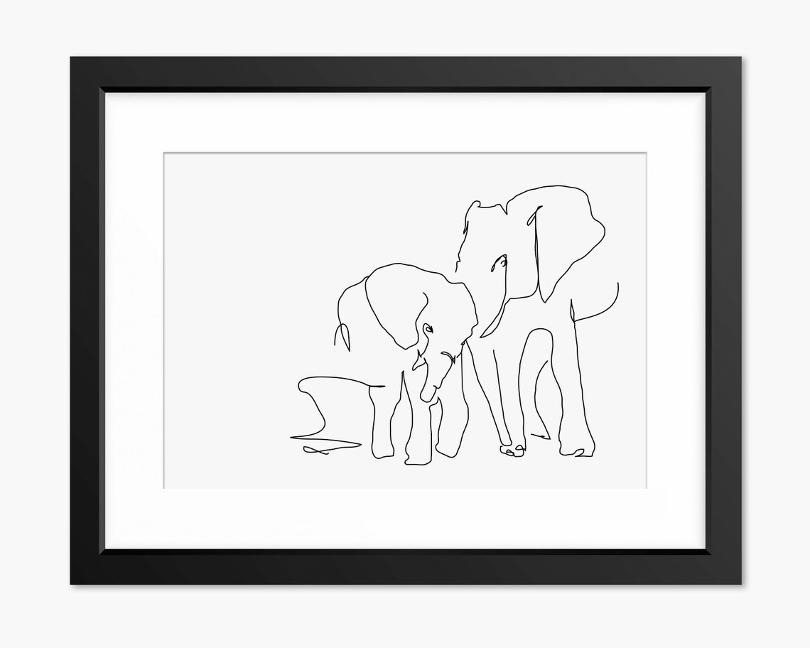 Mother Elephant and Her Calf in Gentle Line Art Animal Poster