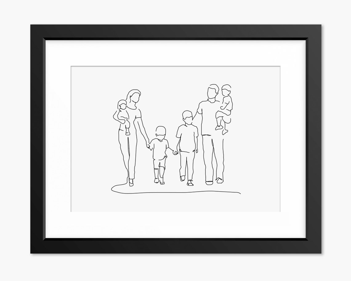 Family of Six Walking Together Hand in Hand Minimalist Line Art Poster