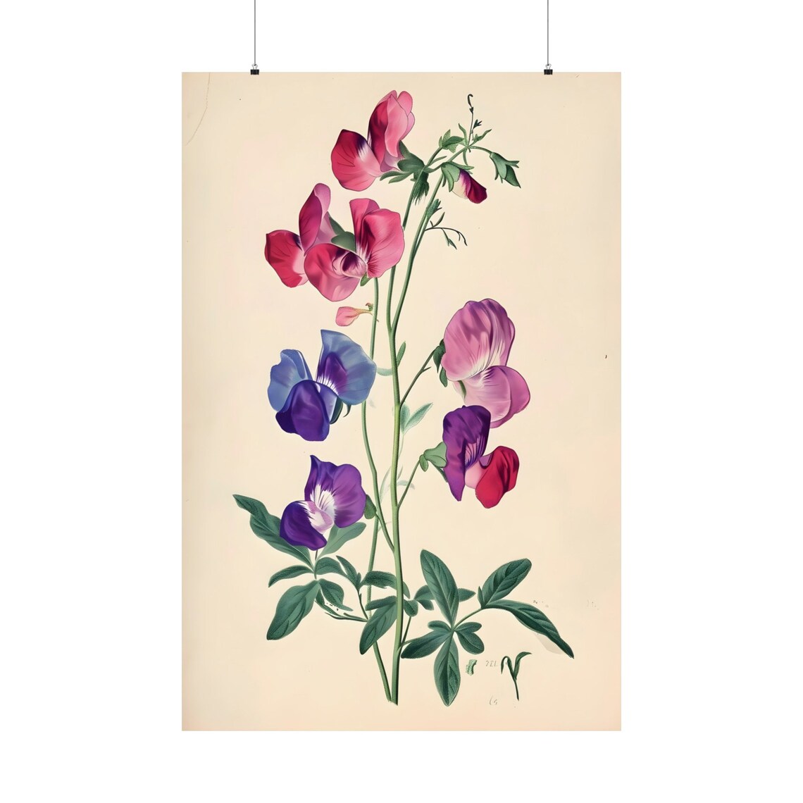 Pink Purple Sweet Pea Stem Botanical Vintage Floral Art Print
