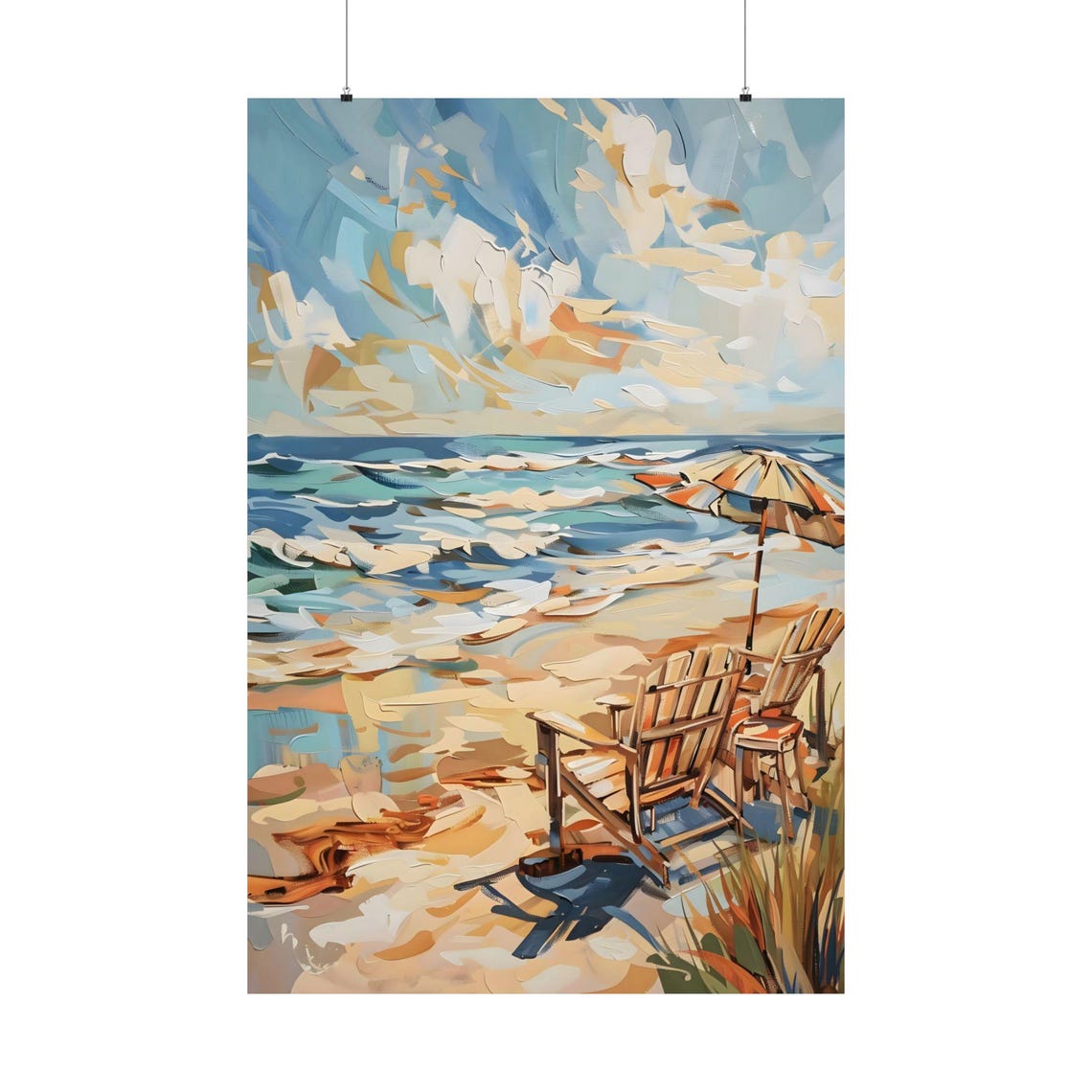 Beach Chairs By The Sea Impressionist Coastal Oil Painting Poster