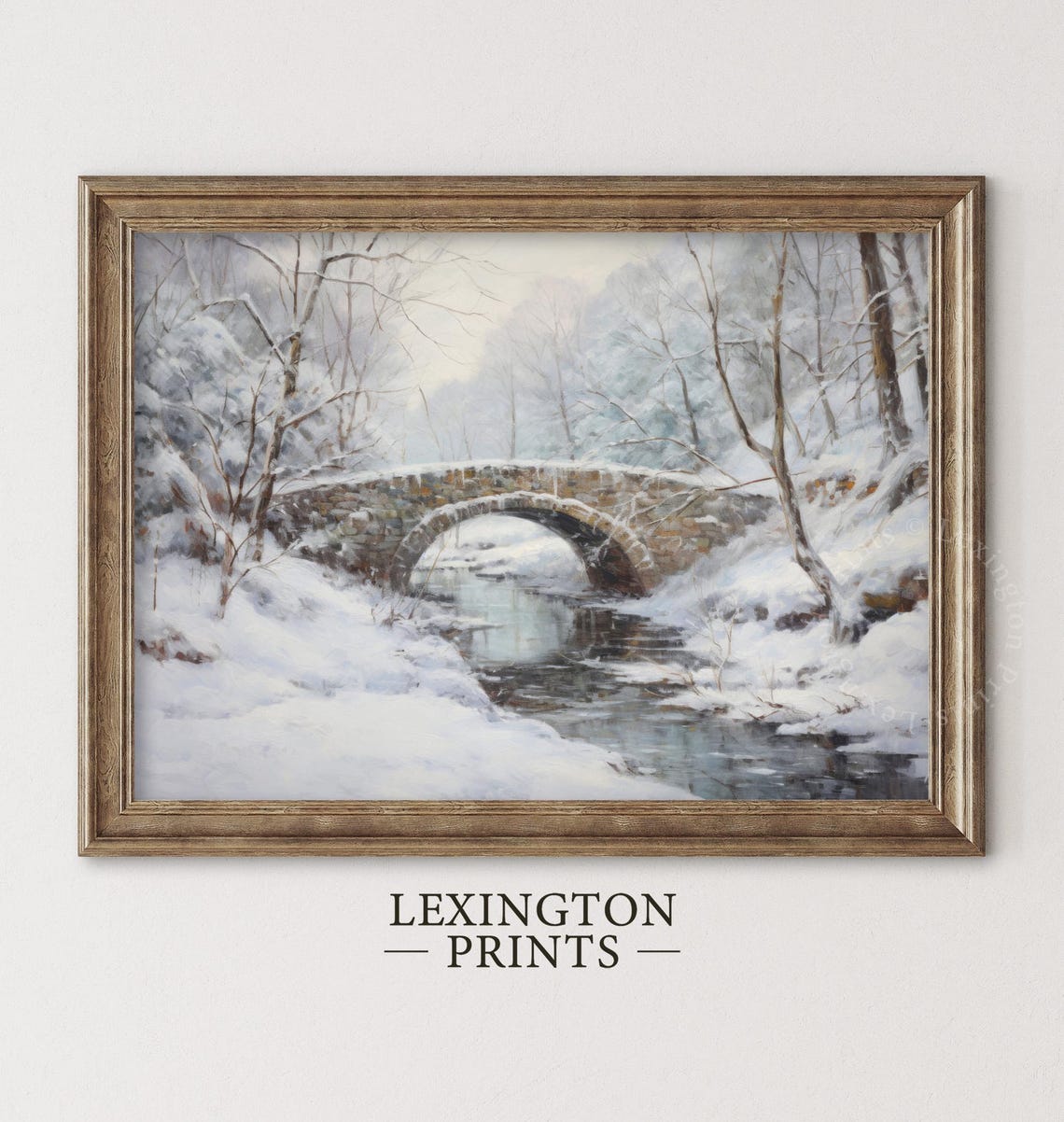 Snowy Stone Bridge Winter Landscape Painting Vintage Wall Art