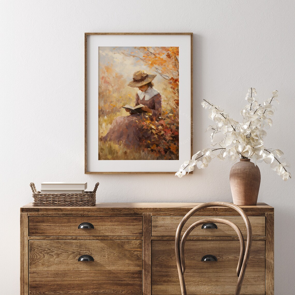 Woman Reading in Autumn Garden Vintage Hat Fall Foliage Art Poster - Image 6