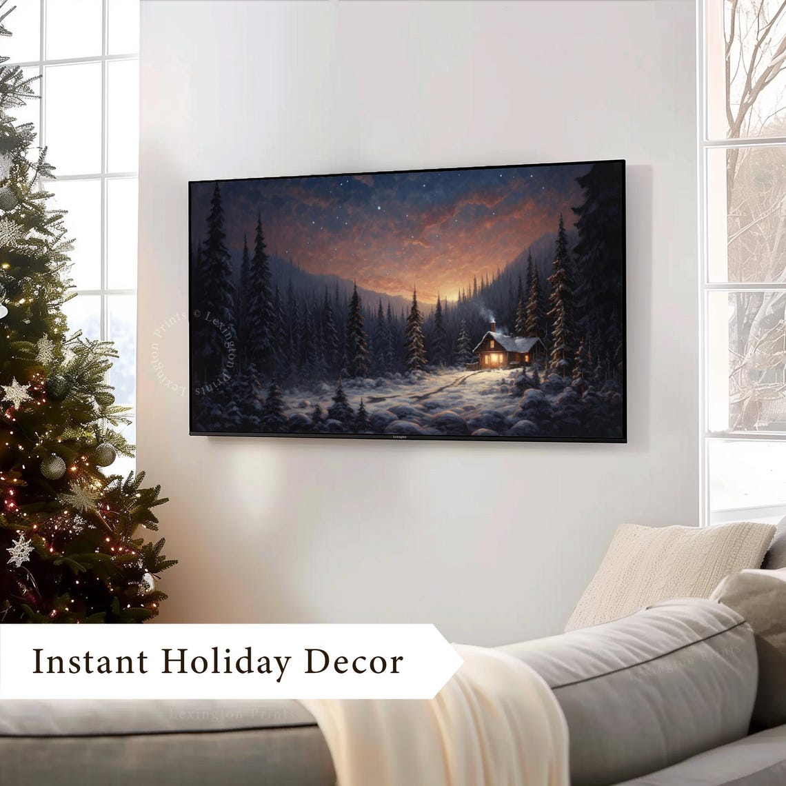 Snowy Cabin at Dusk Among Pines Winter Night Landscape Poster - Image 3