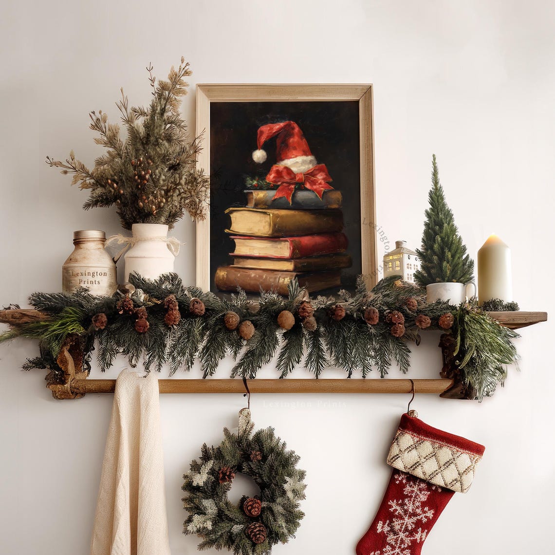 Stack of Old Books with Santa Hat and Red Bow Christmas Poster - Image 6