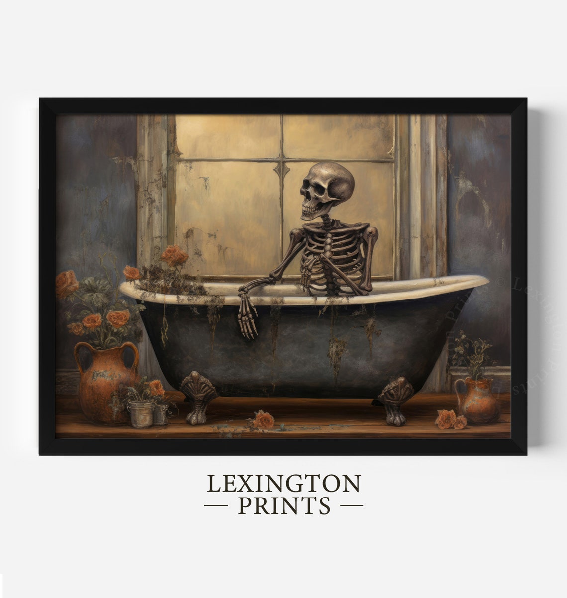 Skeleton in Vintage Clawfoot Bathtub Moody Halloween Wall Art - Image 3